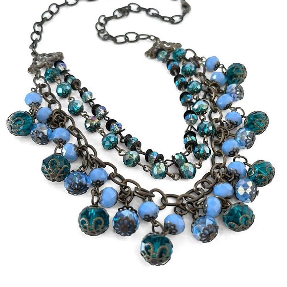 Vintage Faceted Glass Crystal Bead Layered Bib Necklace - Picture 3 of 5